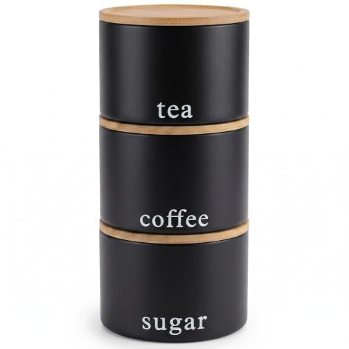 EHC Tea, Coffee, Sugar, Canister Set, Set of 3 Stackable Airtight Food Storage Easy to Open Storage Cansiters Jars Tin, Black