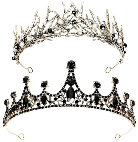 DJFOG 2 Stück Schwarze Barock-Kronen: Vintage-Eleganz mit Strasssteinen, Perfekt für Hochzeiten, Geburtstage & Kostümpartys, Elegante Kopfbedeckung für Bräute und stilbewusste Frauen