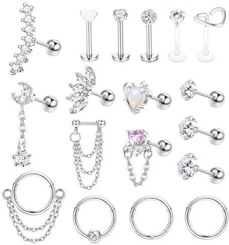 Krfy Tragus Piercing Ohr Set Chirurgenstahl Knorpel Helix Piercing hypoallergene Kugelohrringe Zirkonia Conch Daith Nasen Piercings Ringe Schmuck 16G