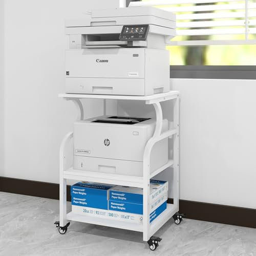 PUNCIA 3-Tier Movable Printer Stand Table with Storage, Large Rolling Cart on Wheels with Adjustable Shelf for Home Office Unit Organization Trolley for Heat Press 3D Printer Copier Machine White