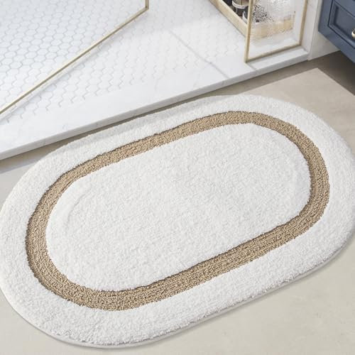 DEXI Tapis Salle de Bain Antidérapant 44 x 76 cm, Super Absorbant, Microfibre Douce et à Séchage Rapide, Forme Ovale, Lavable en Machine, pour Toilettes, Douche, Beige