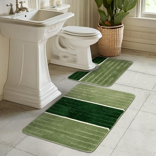 AKCILA COMO Bad Teppich Grün 50x80 + 40x50 cm|2-teiliges Set Badezimmerteppich|absorbierende Badematte bunt |Bad Vorleger waschbar|Rechteckig Badewanne Rutschfest|Badematten & Badteppiche|Bathroom Rug