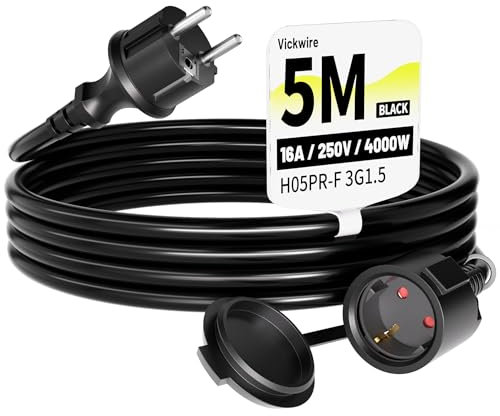 Vickwire Gummi Verlängerungskabel 5m außen Kabel Kabelverlängerungen mit Schutzkontakt Stecker Schuko Verlängerung 16A/250V, Schwarz, H05RR-F 3G1,5 mm²