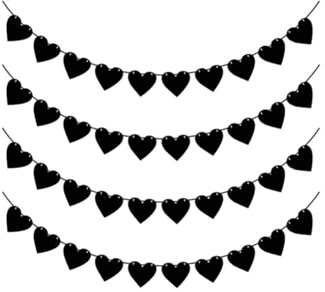 FSSTUD Filz-Herz-Girlanden, Jahrestag, Herz-Banner, Hochzeit, Party, hängende Herzen, Halloween, Gothic-Banner, schwarze Valentinstag-Girlanden für Party-Dekorationen, 4 Stück