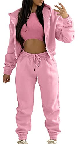 Damen Casual Trainingsanzug Winter Top Weste Hose Set Modisch Einfarbig Reißverschluss Kapuzen Sweatshirt Hose Lässig Dreiteiliges Set Jumpsuit Rot Damen Schwarze Damen Elegant