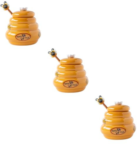 Amosfun 3sets Adorable Ceramic Honey Jar Honey Pot Container Dipper for Kitchen