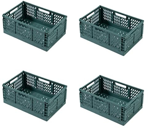 heqxwl 4 Stück Faltbare Kunststoff Aufbewahrungsbox, Einkaufskiste Klappbar, Stabil Klappboxen Faltbar für Küche, Büro, Schlafzimmer, Schrank, Schublade (Grün, M)