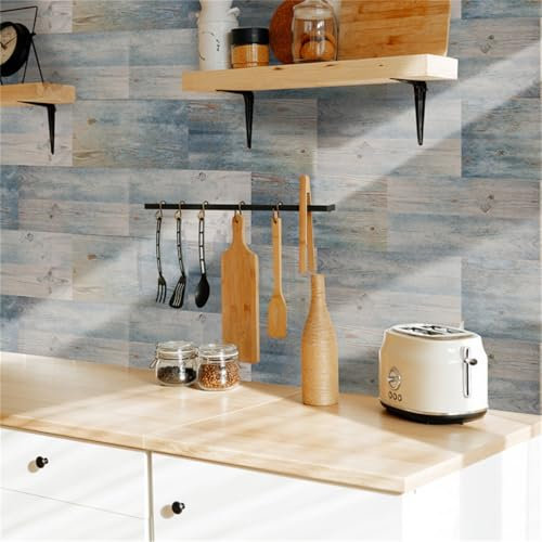 Tile Stickers Light Blue Wood Grain Vinyl Waterproof Peel and Stick Tiles Kitchen,Bathroom Tile Stickers,Backsplash for Kitchen,Floor Tiles Self Adhesive,DIY Home Decor 24 PC(15x30cm)