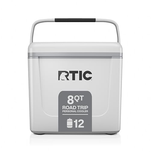 RTIC 8 QT Road Trip Personal Cooler, Small, Compact, Insulated, Portable Ice Chest Box for Food, Drink, Beverage, Beach, Camping, Picnic, Fishing, Boat, 12-Can Capacity, White & Grey