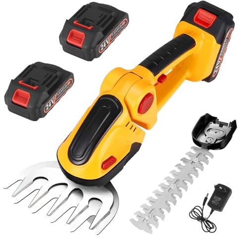 Akku Gras- und Strauchschere, 2-in-1 Handheckenschneider, 2 x 1500 mAh Akkus 24V, Messerlänge: 22 cm (Strauch) / 13,2 cm (Gras), Kabelloser Elektrischer Buschschneider für Garten und Rasen