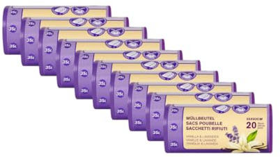 Müllbeutel Allzweckbeutel Reißfeste Müllbeutel mit Zugband 35L - Vanilla & Lavender 10 Rollen x 20 Beutel