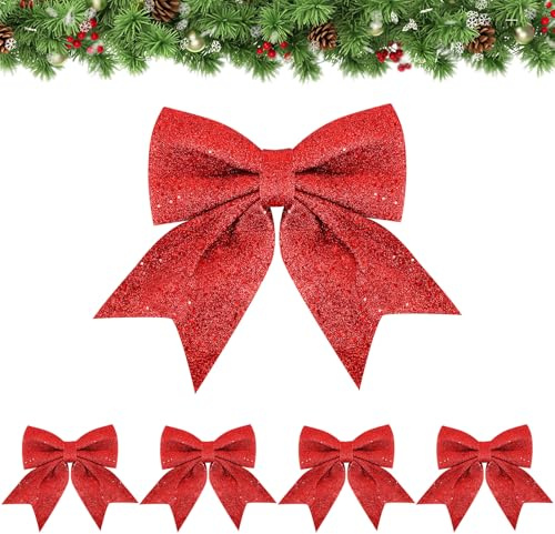 Wolkstello Schleifen Weihnachtsbaum Rot, 5 Stück XL Weihnachtsschleifen Glitzer, Weihnachtsbogen Groß, Christbaumschmuck Schleifen für Weihnachtskranz Geschenk Hochzeit Party Dekoration