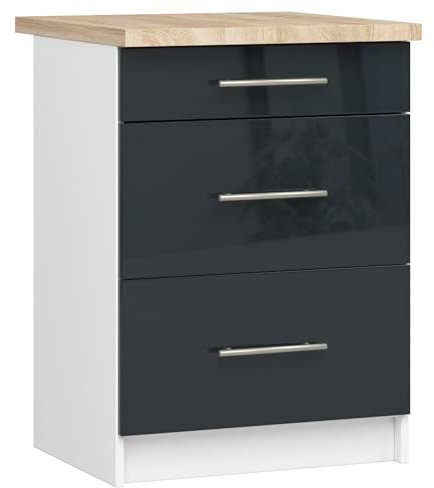 AKORD | Küchenschrank mit Arbeitsplatte - Oliwia S60 | Küchenunterschrank mit 3 Schubladen | Unterschrank Küche 60 cm Breit | ABS-Kante 18 mm | 46 x 60 x 85 cm | Weiß & Graphit glänzend