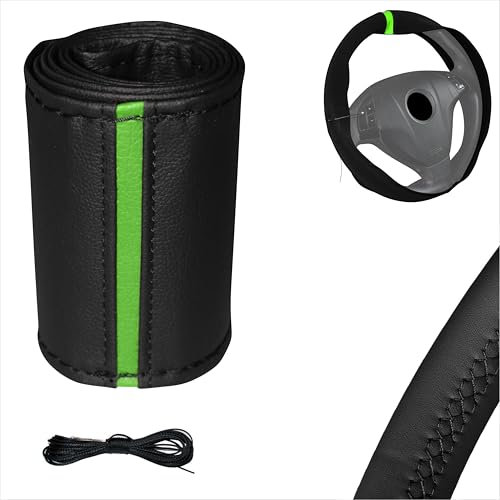 Xkeribom Auto Lenkradbezug ZUN Nähen aus weichem Leder mit 12 Uhr Markierung Leder Lenkradhülle Lenkradschutz (Lenkraddurchmesser 37-38 cm) (Grün Markierung)