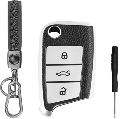 Autoschlüssel Hülle 3 Tasten Kompatibel für VW Golf 7 VW Polo MK7 Tiguan Seat Skoda Octavia Schlüsselhülle mit Schlüsselanhänger Schlüssel Cover Schlüsselschutz Schutzhülle - Schwarz+Silber