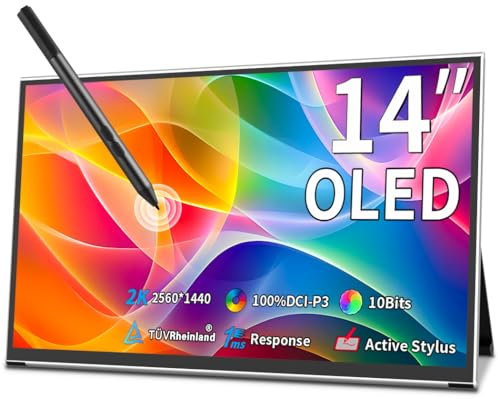 Magedok Portable Monitor Touchscreen 14“ 2K,2560x1440 100% P3 1Ms Mobiler Display,MPP Stylus Pen Support,Eye Care Tragbare Monitor für Laptop,Mac NUC Mini PC,VESA & Integrierter Standfuß