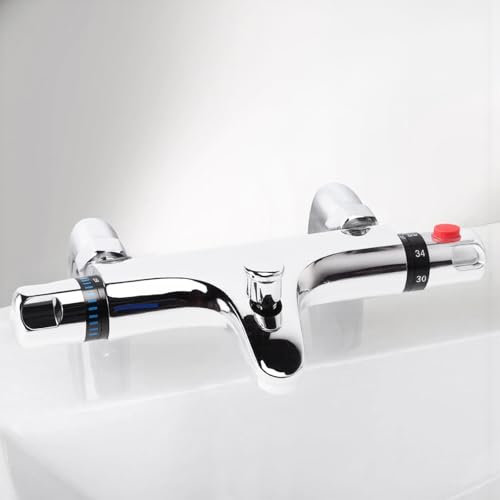 diceevil Thermostatic Bath Shower Mixer Tap, Anti-Scald Valve with 38°C Safety Lock & Bath Filler Spout, Chrome Solid Brass Bath Mixer Taps Bar