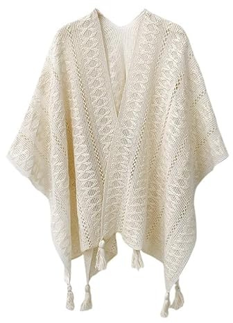LIUYUYOUGO Fringe Poncho Women Oversized Shawl Elegant Eyelet Jacquard Knitted Cape Wraps Bohemia Tassel Cloak Top Open Front Cardigan Ladies Scarf Coat For Spring Summer Beige