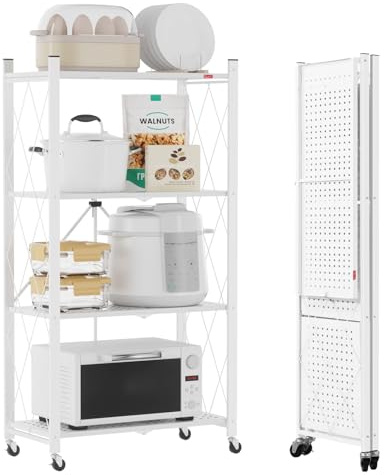 DEANIC Klappregal, 4 Regal Bücherregal, Küchenregale mit Rollen, Metallregal zur Aufbewahrung für Wohnzimmer, Speisekammer (61 x 116 x 28 cm, Weiß)
