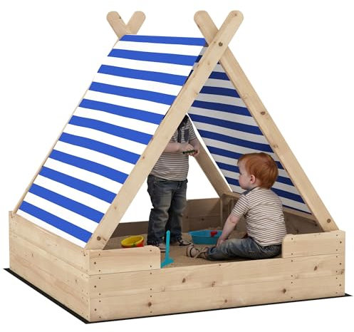 AIYAPLAY Sandkasten mit Abdeckung 120 x 120 cm aus Massivholz Imprägniert Kinder Sandbox mit Zeltdach Bodenvlies, Sandkiste für Outdoor Terrasse Balkon Garten