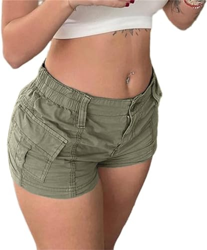IWOLLENCE Cargo shorts kvinnor bomull hotpants Y2K låg midja denim damer mini jorts sommar jeans kort med 2 fickor och elastiskt midjeband, Armégrönt, S