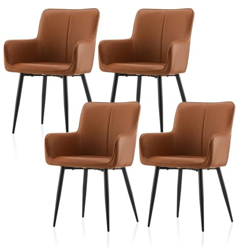 TUKAILAI Esszimmerstühle 4er-Set Kunstleder, Gepolsterter Küchenstuhl, Ergonomischer Polsterstuhl mit Armlehnen Rückenlehne Metallbeine, Sessel für Esszimmer Wohnzimmer Küche Schlafzimmer, Braun