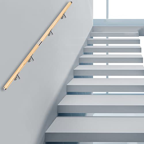 KiwiHood 5FT/1.5M Solid Wood Stair Handrail Natural Pine Safety Railing with Anti-Slip Grip, 100kg Capacity & Metal Brackets for Indoor/Outdoor Garden Steps, Bathroom Kitchen Loft