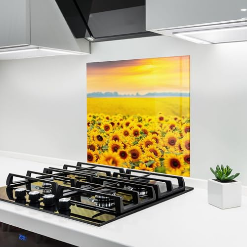 ARTHUB® Glass Kitchen Splashback 60x60 cm, Tempered Glass 4mm | Heat Resistant, Stove Splash Guard, Wall Protector, Landscapes, Yellow Sunflowers