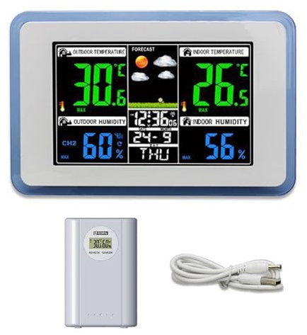 Multifunctional Wireless Home/Office Weather Station Color Digital Display Clock 433MHz Outdoor and Indoor Temperature Tester Hygrometer Weather Forecast Table Clock