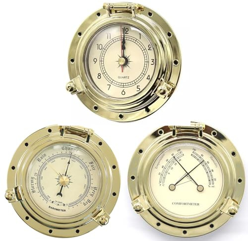 Tcairzl Vintage Handmade Roman Brass Quartz Clock | Hygrometer & Barometer Weather Station Set | Vintage Auto, Yacht, Ship Marine Gauge Decor | Home Decor Accessory (3 pcs in 1set)
