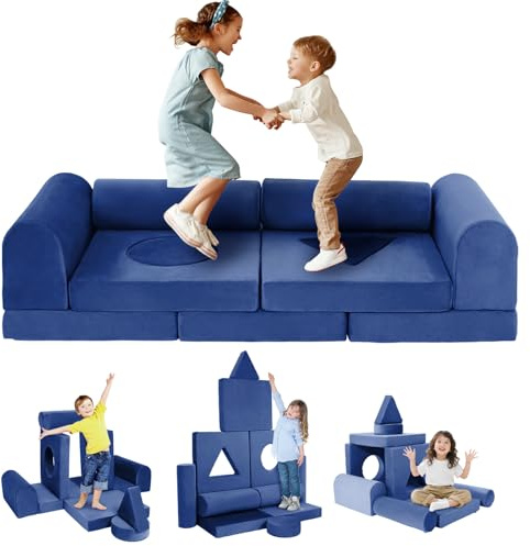 FKSLIFE 11pcs Modular Kids Play Couch Toddler Couch Kids Sofa DIY Creativing Convertible Play Fort Foam Child Playroom Furniture Floor Cushion for Boys and Girls(Dark Blue)