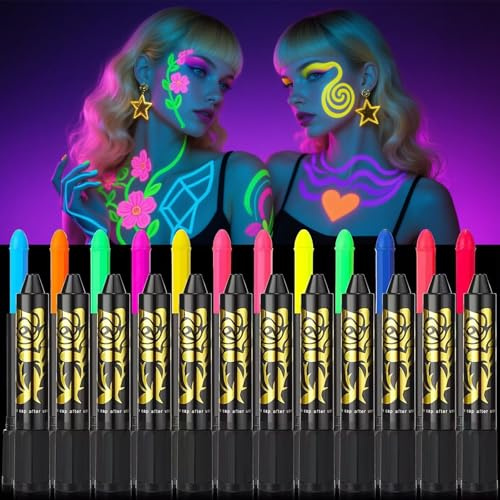 Schwarzlicht Farbe, Uv Neon Körperfarben Schmink, 12 Farben Leuchtende Uv-Stifte, Im Dunkeln Unter Uv-Licht Leuchtendes Körperbemalungsset, deal Für Uv-Partys, Theaterschminke Und Kostümpartys