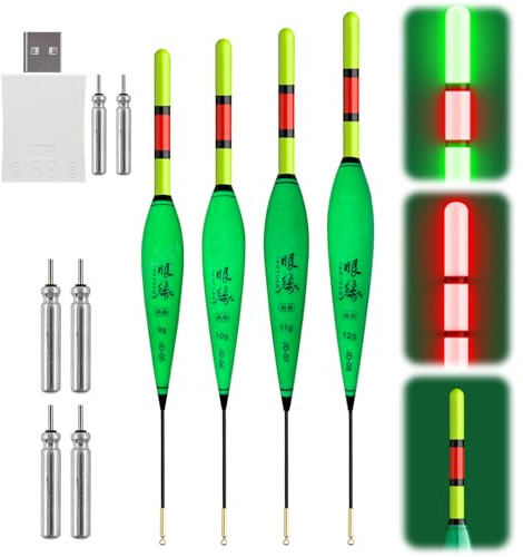 Led Posen Angeln mit Bissanzeiger, 4 Stück Leuchtposen Angel 9g/10g/11g/12g Tragkraft, Doppelfarbige Nachtfischboje, Knicklichter Angeln mit Batterie, Angelzubehör für Tauchgebiet Angeln Am See (B)