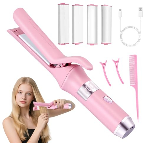 Cordless Hair Straighteners Curler, 3 in 1 Mini Flat Iron Curling Wand with 4 Temperature Levels & 3 Replacement Heads,USB Rechargeable Travel Straightener, Wireless Curling Iron 4000mAh Battery