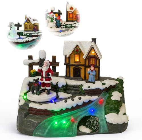 PALUPLUS Villaggio di Natale con Casa Innevata e Ruscello Illuminato, Misura 21x15x15 cm, Giostrina da Tavola con Luci, Musica e Movimento, Decorazioni Natalizie, con Dettagli Assortiti -1813C -0,98