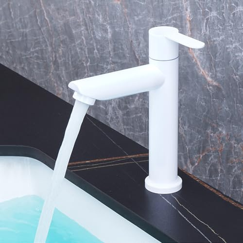 Bad Armatur Waschbecken Kaltwasser Einloch Wasserhahn Badezimmer aus Edelstahl,Weiß,kurz