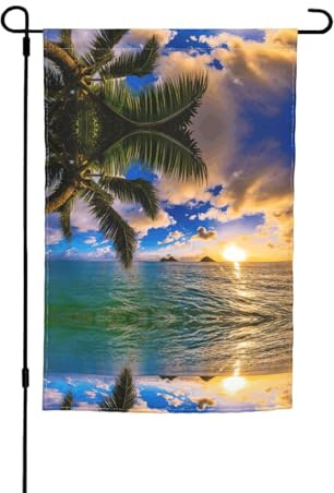 Gartenflaggen, tropische Hawaii-Palme, Ozean, Meer, Sonnenuntergang, 30,5 x 45,7 cm, doppelseitig, für Zuhause, Outdoor, saisonale Dekoration, Urlaub, alle Jahreszeiten