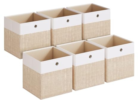 SONGMICS Storage Boxes, Set of 6 Storage Cubes, Fabric Organiser Baskets with PP Panels, Odourless, Foldable for Cube Shelves, 30 x 30 x 30 cm, Cloud White and Sand Beige RFB430LF02