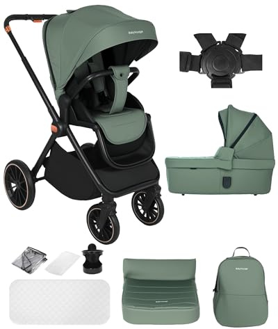 BabyVoyage 2 in 1 Kinderwagen 0-48 Monate, Buggy mit Zwei Umkehrbaren Schiebemodi, Rahmen Aluminiumlegierung, Vollfederung, 5 Punkt Sicherheitsgurt Zusammenklappbar Kinderwagen Buggy-Grün
