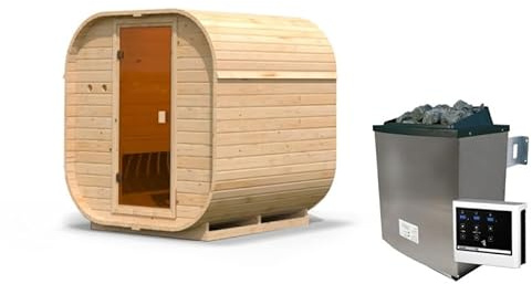 Karibu Sauna Extérieur Quadro 1 | 2-4 Places, Bois Massif 38mm, Porte en Verre Bronzé | 199x175cm, Poêle 9kW et Plancher Inclus | Forme Tonneau, Montage Emboîtement