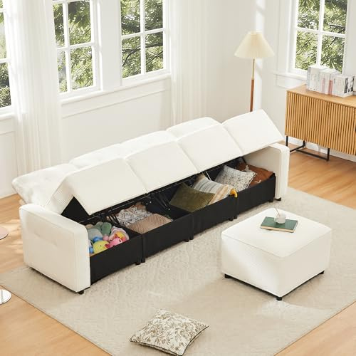 Luscriate Sofá de 4 plazas de pana de 280 cm – Sofá recto con espacio de almacenamiento debajo de los asientos y taburete flexible, sofá de salón grande con acolchado de espuma fría, beige (beige, 5