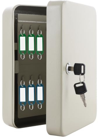 Ghligna Key Safe 48-Key Wall Mounted Keys Cabinet - White Iron Security Lock Box with 2 Unlocking Keys and Hooks for Home Office Storage