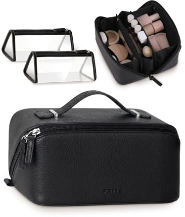 Prite 3 Pcs Travel Makeup Bag Set for Women with 2 Clear TPU Pouches, Black | Cosmetic Case, Toiletry Bag, 3 Compartments, Brush Holder, Water-Resistant, Flat Lay, Pebbled Faux Leather, Gift Box Packaged