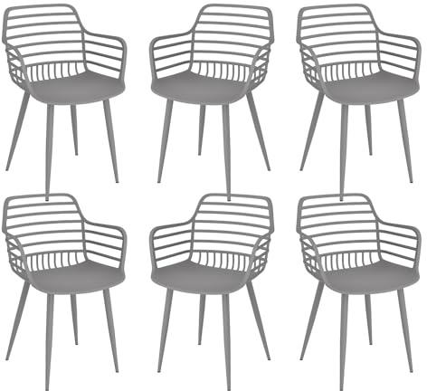 JIJIAN Sedie da Giardino Set da 6, Sedie per Esterno con Braccioli e Schienale, in Plastica PP con Gambe in Ferro, Portata 120 kg, per Balcone, Giardino, Terrazza, Grigio
