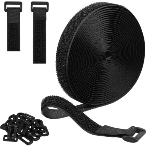 2cm x 5m Hook and Loop Straps with 25 Metal Buckles, Adjustable Fastening Cable Straps, Free Cut Length, Reusable Nylon Cable Ties Securing Cord Ties for Organizer or Storage, Black