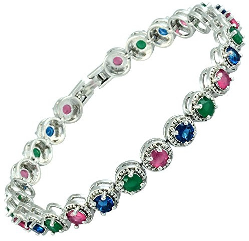 RIZILIA Tennis Armband [18cm/7inch] mit Rundschliff Edelstein Zirkonia CZ [Mehrfarbige Geburtsstein Erhältlich] in 18K Weißgold Vergoldet, Einfache Moderne Eleganz