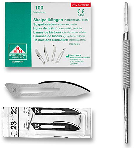May Skalpell-Set Halter Nr. 4 100 Klingen Figur 23 | Das ultimative Vorratspaket für Profis. Beinhaltet einen rostfreien Griff der Größe 4 und einhundert feine Ersatzklingen.