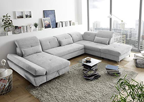 Stella Trading MELFI Wohnlandschaft in U-Form, Stoffbezug Silber - Ausziehbares Sofa mit Schlaffunktion & Bettkasten - 350 x 73 (96) x 245 cm (B/H/T)