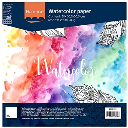 Florence Aquarellpapier Glatt - Zeichenblock für Aquarellfarben 30,5 x 30,5 cm - Weiß - Malblock für Wasserfarben - Künstlerbedarf und Scrabooking - 200 gsm
