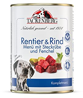 TACKENBERG 6 x 800 g (4,8 kg) Rentier und Rind mit Steckrübe & Fenchel Nassfutter Dose für Hunde - Hundefutter in Premiumqualität - natürlich getreidefrei